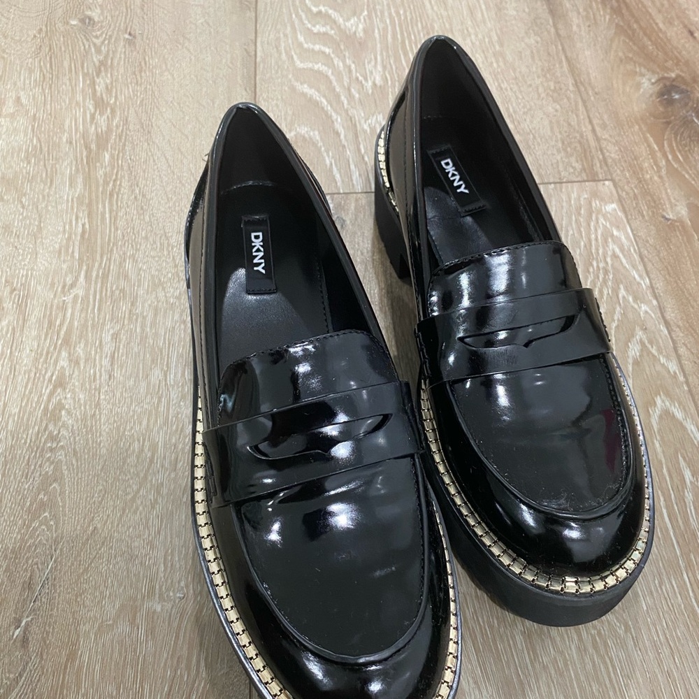 DKNY Shiny Black Loafers with Gold Trim